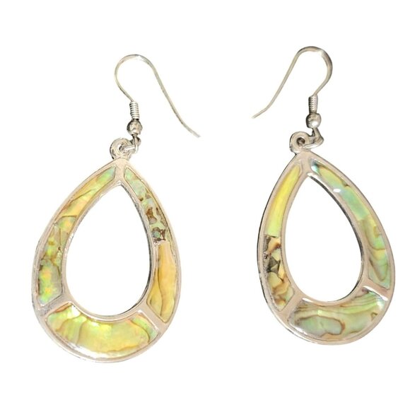 Abalone Shell Teardrop Dangle Earrings With Silver-Tone Frame - Picture 1 of 3